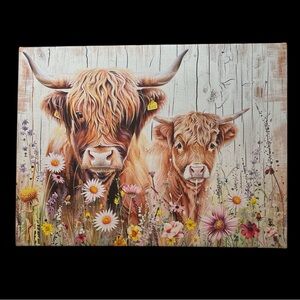 Rustic Highland Cow Canvas with Floral Design Ready to Hang